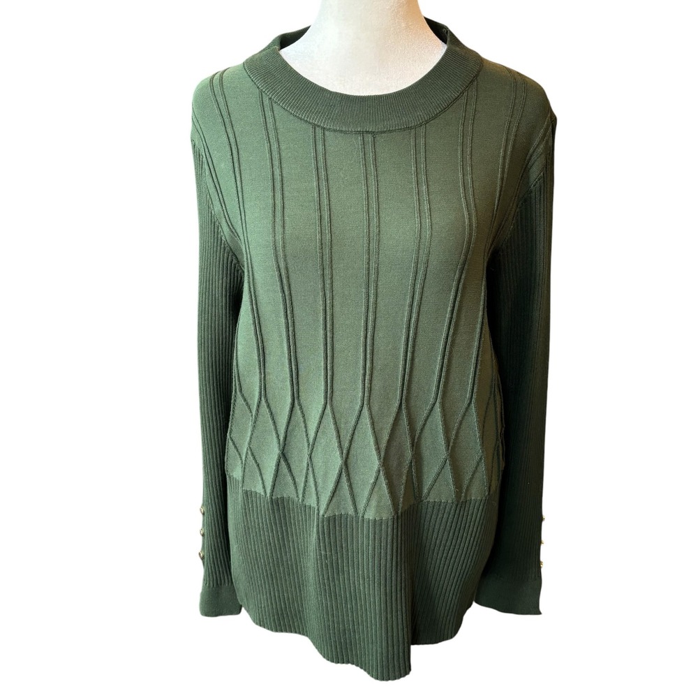 Rio & Rian New York Womens  Green Ribbed Diamond Knit Sweater Gold Button L #751